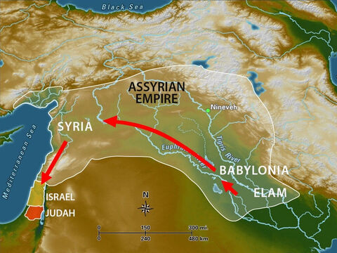 The king of Assyria then forced people from Babylonia and Elam and Syria to go and live in Israel in the towns and cities that had once been the homes of the Israelites. – Slide 13