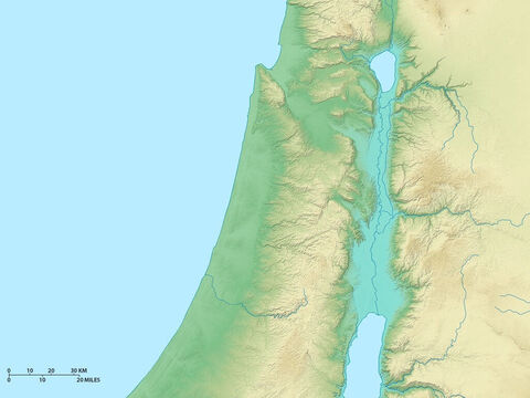 Map of northern Israel showing Lake Galilee and River Jordan flowing south through rift valley. Mediterranean Sea to the west. – Slide 1