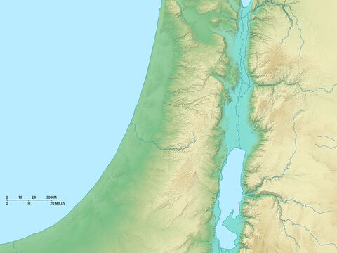 Map of Israel showing Lake Galilee in north and upper region of the Dead Sea in the south. Mediterranean Sea to west. – Slide 2