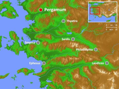 Pergamon in Greek (also know as Pergamum in Latin), was one of the seven churches addressed in the book of Revelation. The city of Pergamon became the centre of a large kingdom in the 3rd century BC and retained its status as a political and cultural leader for many centuries. It lies on the north edge of the Caicus plain in the historic region of Mysia in the northwest of modern Turkey. The Greek god of healing, Asclepius, received worship in cultic centre in the lower city where a temple to the ancient Egyptian god of the underworld was also located. – Slide 1