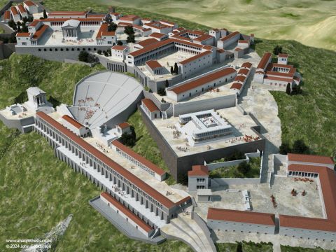 The upper city was built on a 335-metre-high (1,100 ft) massif of volcanic andesite rock. The massif is about one kilometre wide and around 5.5 km long from north to south. At the foot of the massif flow the rivers Selinus to the west and Cetius to the east. The acropolis of Pergamon was a major centre of learning in the ancient world. Monumental temples, theatres, porticoes, gymnasium, altar and a library were set into the sloping terrain surrounded by an extensive city wall. After the city was passed to the Romans in 133 BC, Pergamon became a metropolis and was the capital of the Roman Province of Asia during the Roman imperial period. – Slide 2
