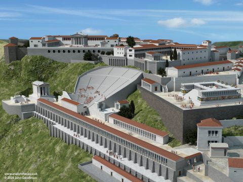 The amphitheatre of Pergamon was built into the western slope of a hill. It had space for around 10,000 people, in 78 rows of seats. – Slide 3