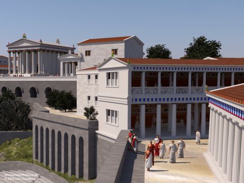 The Pergamon Library (also known as the Athenaeum) was built on the north side of the northern stoa. It was home to approximately 200,000 volumes and became one of the most important libraries in the ancient world. Manuscripts were written on parchment, rolled, and then stored on the shelves. In fact, the word ‘parchment itself is derived from latin ‘pergamenum’. – Slide 6