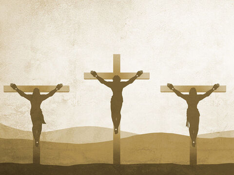 Jesus is crucified with two thieves. <br/>Matthew 27:27-66, Mark 15:16-47, Luke 23:26-56, John 19:16-42 – Slide 8