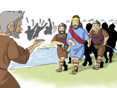 Some time later David’s troops put down the rebellion and David was able to return to Jerusalem to continue his reign as king. This was bad news for Shimei who hurried down to the Jordan valley with the men of Judah to meet King David. Shimei crossed the Jordan and fell prostrate before the king. – Slide 4