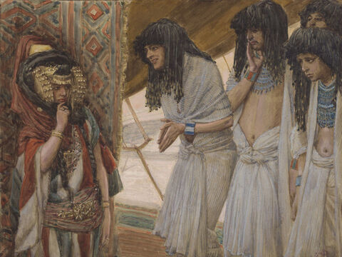 The Egyptians admire Sarai’s beauty. <br/>Full image. <br/>James Tissot (1836-1902) – The Jewish Museum, New York. – Slide 7