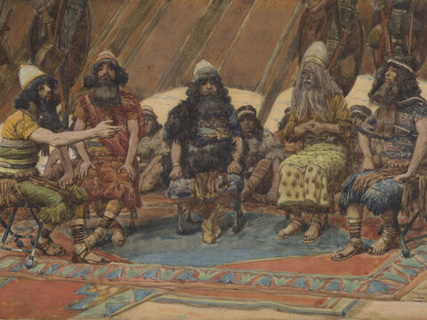 The Kings of the five great cities. <br/>Cropped image. <br/>James Tissot (1836-1902) – The Jewish Museum, New York. – Slide 14