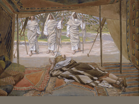 Abraham and the three angels. <br/>Full image. <br/>James Tissot (1836-1902) – The Jewish Museum, New York. – Slide 1