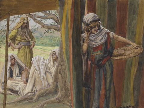 Sarah hears and laughs. <br/>Cropped image. <br/>James Tissot (1836-1902) – The Jewish Museum, New York. – Slide 4