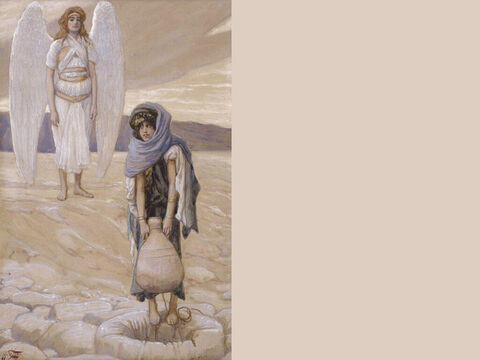 Hagar and the Angel in the desert. <br/>Full image. <br/>James Tissot (1836-1902) – The Jewish Museum, New York. – Slide 15