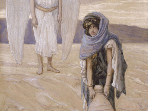 Hagar and the Angel in the desert. <br/>Cropped image. <br/>James Tissot (1836-1902) – The Jewish Museum, New York. – Slide 16