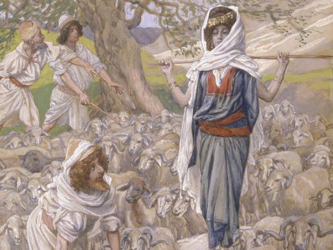 Jacob and Rachel at the Well. <br/>Cropped image. <br/>James Tissot (1836-1902) – The Jewish Museum, New York. – Slide 8