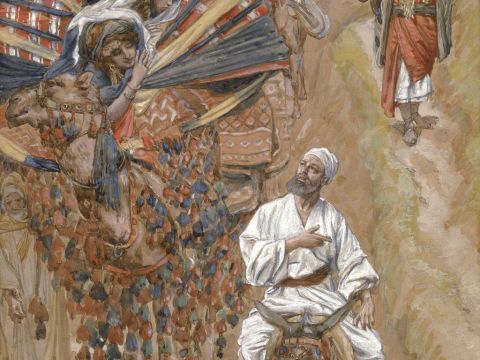 Rebecca Meets Isaac by the Way. <br/>Cropped image. <br/>James Tissot (1836-1902) – The Jewish Museum, New York. – Slide 10
