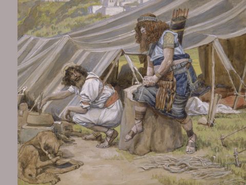 Esau Exchanges his Birthright for Stew. <br/>Full image. <br/>James Tissot (1836-1902) – The Jewish Museum, New York. – Slide 15