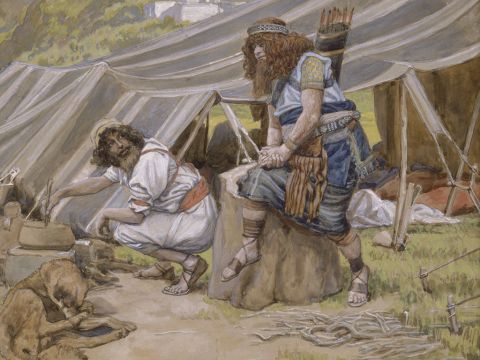 Esau exchanges his birthright for stew. <br/>Cropped image. <br/>James Tissot (1836-1902) – The Jewish Museum, New York. – Slide 16