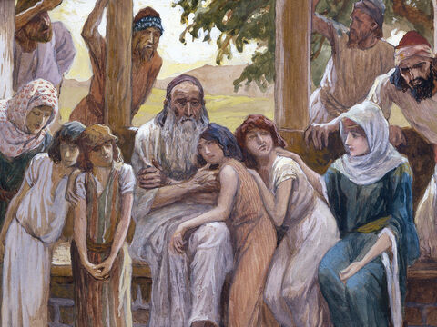Job joins his family in happiness. <br/>(Cropped) <br/>James Tissot (1836-1902) – The Jewish Museum, New York. – Slide 10