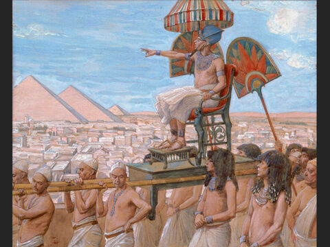 Pharaoh Notes the Importance of the Jewish People. <br/>Full image. <br/>James Tissot (1836-1902) – The Jewish Museum, New York. – Slide 1