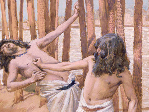 Moses Slays an Egyptian. <br/>Cropped image. <br/>James Tissot (1836-1902) – The Jewish Museum, New York. – Slide 10