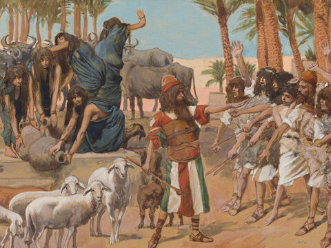 Moses Defends Jethro's Daughters. <br/>Cropped image. <br/>James Tissot (1836-1902) – The Jewish Museum, New York. – Slide 12