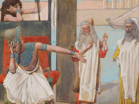Pharaoh Sueth to Moses. <br/>Cropped image. <br/>James Tissot (1836-1902) – The Jewish Museum, New York. – Slide 28