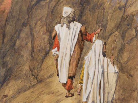Moses and Aaron Go up to Mount Sinai. <br/>Cropped image. <br/>James Tissot (1836-1902) – The Jewish Museum, New York. – Slide 14