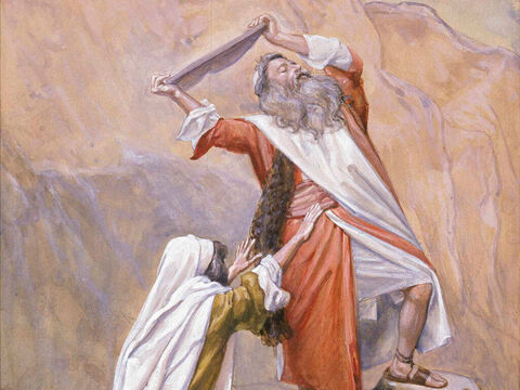 Moses Destroyeth the Tables of the Ten Commandments.  <br/>Cropped image. <br/>James Tissot (1836-1902) – The Jewish Museum, New York. – Slide 20