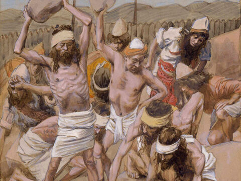 The Sabbath-Breaker Stoned.  <br/>Cropped image. <br/>James Tissot (1836-1902) – The Jewish Museum, New York. – Slide 10