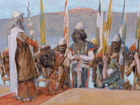 Moses Blesses Joshua Before the High Priest.  <br/>Cropped image. <br/>James Tissot (1836-1902) – The Jewish Museum, New York. – Slide 26