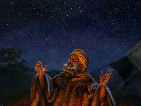 Offspring promised to Abram. <br/>He took him outside and said, “Look up at the sky and count the stars—if indeed you can count them.” Then he said to him, “So shall your offspring be.” Abram believed the LORD, and he credited it to him as righteousness. <br/>Genesis 15:5-6 <br/>Full text: Genesis 15:1-6 – Slide 3