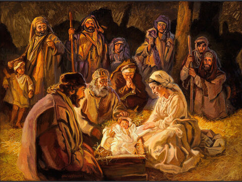 4	Adoration of the shepherds. <br/>So they hurried off and found Mary and Joseph, and the baby, who was lying in the manger. <br/>Luke 2:16 <br/>Full text: Luke 2:8-20 – Slide 4