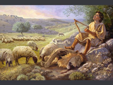 David the shepherd. <br/>Then Samuel said to Jesse, ‘Are all your sons here?’ And he said, ‘There remains yet the youngest, but behold, he is keeping the sheep.’ And Samuel said to Jesse, ‘Send and get him, for we will not sit down till he comes here.’ <br/>1 Samuel 16:11 <br/>Full text: I Samuel 17:33-37 – Slide 1