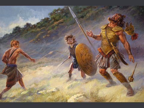 David and Goliath. <br/>And David put his hand in his bag and took out a stone and slung it and struck the Philistine on his forehead. The stone sank into his forehead, and he fell on his face to the ground. <br/>1 Samuel 17:49 <br/>Full text: 1 Samuel 1-11, 40-52 – Slide 3