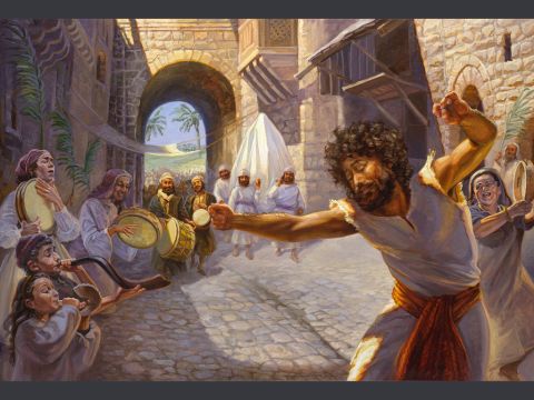 David brings the Ark to Jerusalem. <br/>And David danced before the Lord with all his might. And David was wearing a linen ephod. <br/>2 Samuel 6:14 <br/>Full text: 2 Samuel 6:12-23 – Slide 7