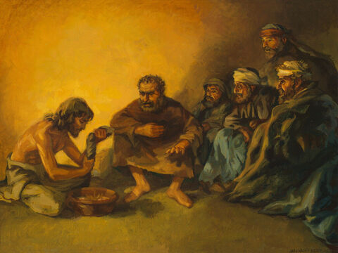 Jesus washes His disciples’ feet. <br/>Jesus knew that the Father had put all things under His power, and that He had come from God and was returning to God; so He got up from the meal, took off His outer clothing, and wrapped a towel around His waist. After that, He poured water into a basin and began to wash His disciples’ feet, drying them with the towel that was wrapped around Him. <br/>John 13:3-5 <br/>Full text: John 13:2-18 – Slide 1
