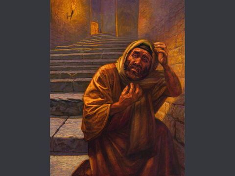 Peter's repentance. <br/>Luke 22:61-62<br/>And the Lord turned and looked at Peter. And Peter remembered the saying of the Lord, how he had said to him, 'Before the rooster crows today, you will deny me three times. And he went out and wept bitterly.<br/>Full text:Luke 22:54-62 – Slide 5