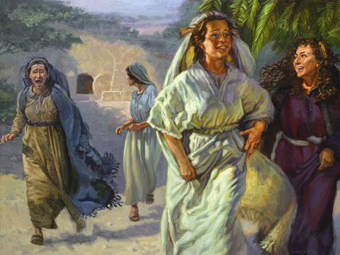 The women return from the grave, after Jesus’ resurrection. <br/>So the women hurried away from the tomb, afraid yet filled with joy, and ran to tell His disciples. <br/>Matthew 28:8 <br/>Full text: Matthew 28:1-8 – Slide 9