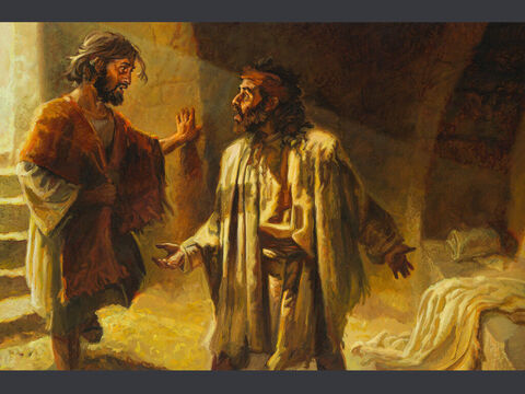 Peter and John visit the empty grave (1). <br/>Then Simon Peter came along behind him and went straight into the tomb. He saw the strips of linen lying there, as well as the cloth that had been wrapped around Jesus’ head. The cloth was still lying in its place, separate from the linen. <br/>John 20:6-7 <br/>Full text: John 20:1-10 – Slide 10