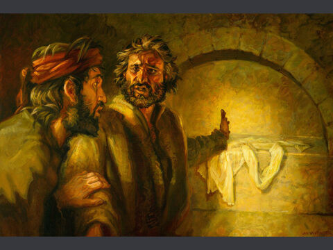 Peter and John visit the empty grave (2). <br/>Then Simon Peter came along behind him and went straight into the tomb. He saw the strips of linen lying there, as well as the cloth that had been wrapped around Jesus’ head. The cloth was still lying in its place, separate from the linen. <br/>John 20:6-7 <br/>Full text: John 20:1-10 – Slide 11