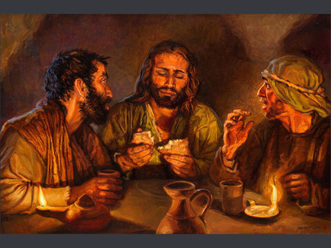 Travelling to Emmaus (2). When He was at the table with them, He took bread, gave thanks, broke it and began to give it to them.  <br/>Then their eyes were opened and they recognized Him, and He disappeared from their sight. <br/>Luke 24:30-31 <br/>Full text: Luke 24:28-31 – Slide 13