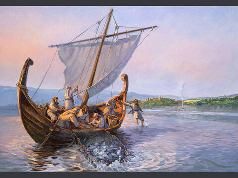 The miraculous catch of fish. <br/>He said: “Throw your net on the right side of the boat and you will find some.” When they did, they were unable to haul the net in because of the large number of fish.  <br/>Then the disciple whom Jesus loved said to Peter: “It is the Lord!” As soon as Simon Peter heard him say 'It is the Lord' he wrapped his outer garment around him (for he had taken it off) and jumped into the water. <br/>John 21:6-7 <br/>Full text: John 21:1-14 – Slide 14