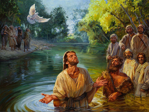 The baptism of Jesus. <br/>And when Jesus was baptized, immediately He went up from the water, and behold, the heavens were opened to Him, and He saw the Spirit of God descending like a dove and coming to rest on Him. <br/>Matthew 3:16 <br/>Full text: Matthew 3:13-17 – Slide 1