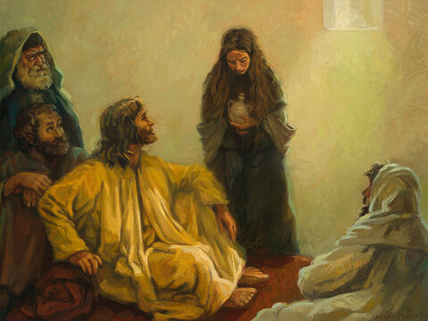 Jesus anointed by a sinful woman. <br/>A woman in that town who lived a sinful life learned that Jesus was eating at the Pharisee’s house, so she came there with an alabaster jar of perfume. As she stood behind Him at His feet weeping, she began to wet His feet with her tears. Then she wiped them with her hair, kissed them and poured perfume on them. <br/>Luke 7: 37-38 <br/>Full text: Luke 7: 36-50 – Slide 3