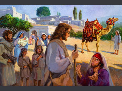 The rich young ruler. <br/>Jesus looked at him and loved him. ‘One thing you lack,’ he said. ‘Go, sell everything you have and give to the poor, and you will have treasure in heaven. Then come, follow me.’ <br/>Mark 10:21 <br/>Full text: Mark 10:21:13-27 – Slide 4