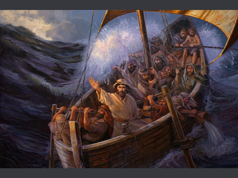 Jesus calms a storm. <br/>And when He got into the boat, His disciples followed Him. And behold, there arose a great storm on the sea, so that the boat was being swamped by the waves; but He was asleep. And they went and woke Him, saying, ‘Save us, Lord; we are perishing.’ And He said to them, ‘Why are you afraid, O you of little faith?’ Then He rose and rebuked the winds and the sea, and there was a great calm. And the men marveled, saying, ‘What sort of man is this, that even winds and sea obey Him? <br/>Matthew 8:23-27 – Slide 1
