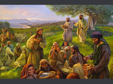 The miraculous feeding. <br/>And taking the five loaves and the two fish, He looked up to heaven and said a blessing and broke the loaves and gave them to the disciples to set before the people. And He divided the two fish among them all. <br/>Mark 6:41 <br/>Full text: Mark 6:32-44 – Slide 3