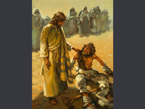 Healing of a man with leprosy. <br/>A man with leprosy came to Him and begged Him on his knees, ‘If you are willing, you can make me clean.’<br/>Jesus was indignant. He reached out his hand and touched the man. ‘I am willing,’ He said. ‘Be clean!’ Immediately the leprosy left him and he was cleansed.  <br/>Mark 1:40-42 – Slide 4