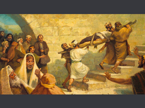 The healing of the paralysed man. <br/>Some men came carrying a paralysed man on a mat and tried to take him into the house to lay him before Jesus. <br/>Luke 5:18 <br/>Full text: Luke 5:17-25 – Slide 5