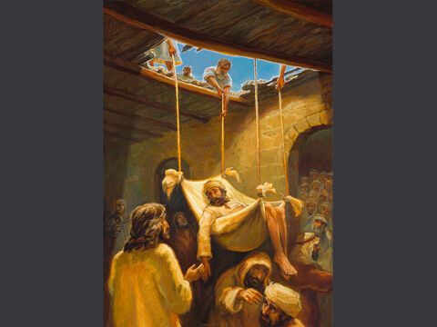 A paralysed man let through the roof. <br/>Some men came carrying a paralyzed man on a mat and tried to take him into the house to lay him before Jesus.  <br/>When they could not find a way to do this because of the crowd, they went up on the roof and lowered him on his mat through the tiles into the middle of the crowd, right in front of Jesus. <br/>Luke 5:18-19 <br/>Full text: Luke 5:17-25 – Slide 6