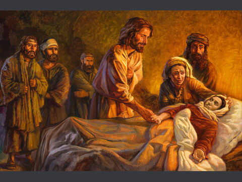 Jesus raises Jairus’ daughter from the dead. <br/>But taking her by the hand He called, saying, ‘Child, arise.’ <br/>Luke 8:54 <br/>Full text: Luke 8:40-56 – Slide 10
