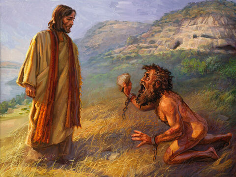 Jesus heals a man with a demon. <br/>And when he saw Jesus from afar, he ran and fell down before Him. And crying out with a loud voice, he said, ‘What have you to do with me, Jesus, Son of the Most High God? I adjure you by God, do not torment me.’ <br/>Mark 5:6-7 <br/>Full text: Mark 5:1-20 – Slide 12